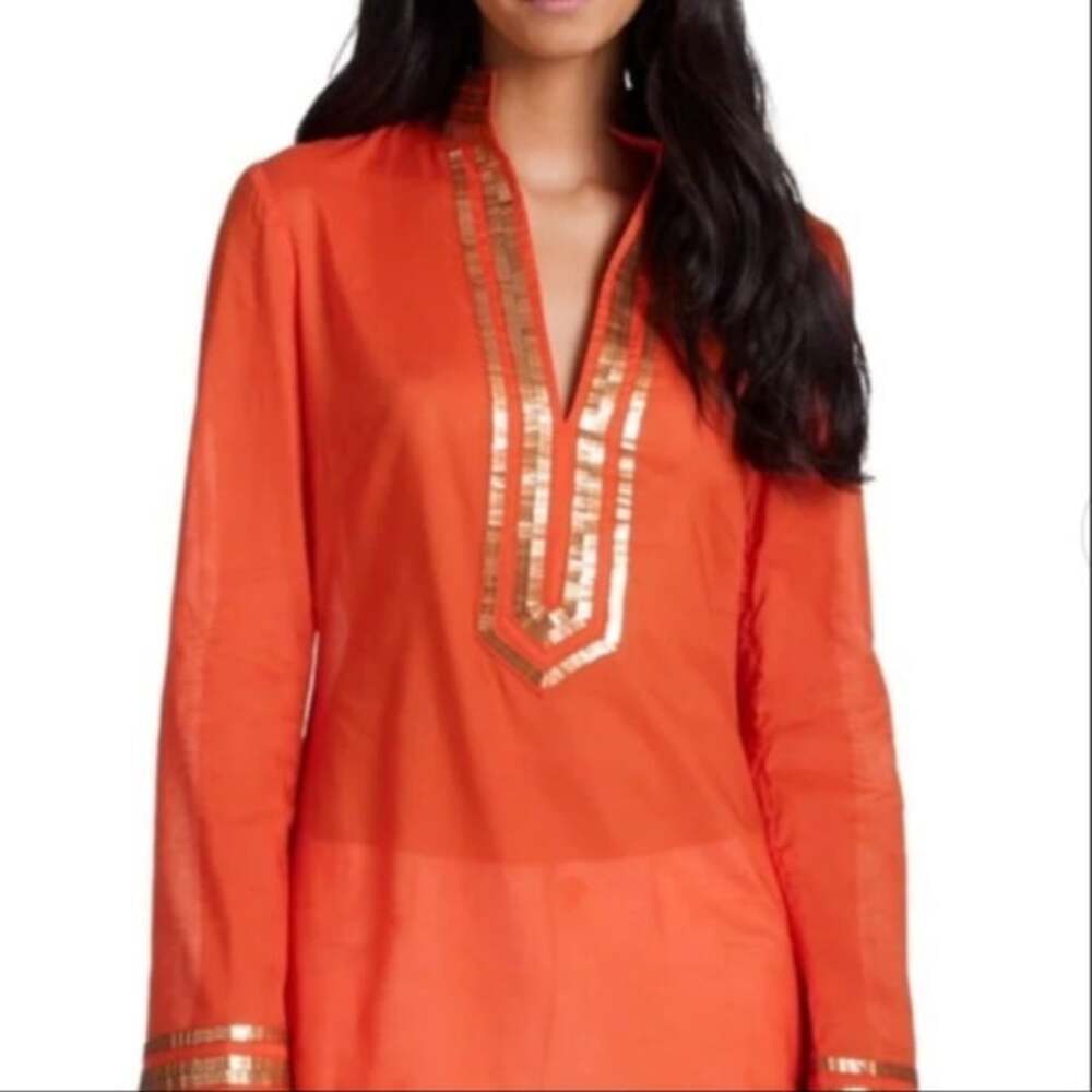Tory Burch Embellished Tory Tunic Poppy Red Gold Sequin Cotton Top Size 8 NWT